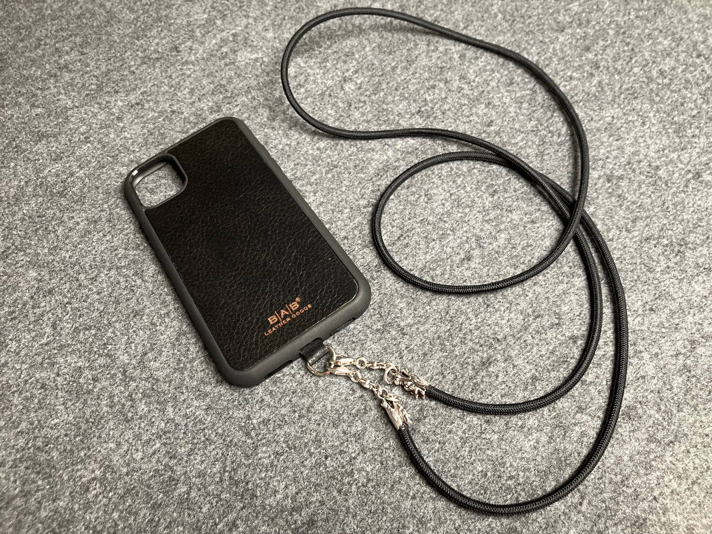 Full-Grain vegetable-tanned Genuine Leather Case/Holder for iPhone/Samsung/microfiber. 2 Dragon Terminals, 2 Links, and 6 Rings, all made of 925 Sterling Silver & Black Elastic Rope Crossbody/Necklace/Choker/Bracelet.- KC09