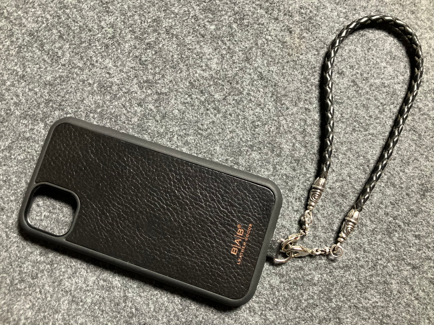Laser-cut and engraved Full-Grain vegetable-tanned Genuine Leather iPhone Case/Holder/microfiber. 2 Spiral Terminals, 2 Links, and 6 Rings, all made of 925 Sterling Silver & Hand-braided 4-strand Leather Strap/Choker/Bracelet, Brown or Black.- KP22i