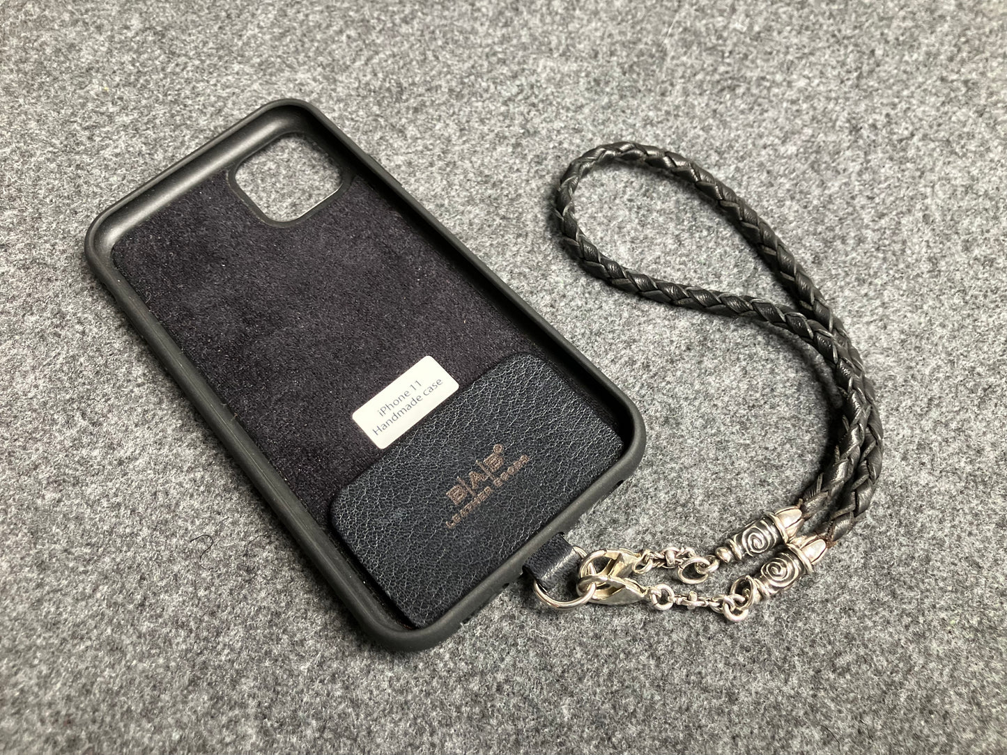 Laser-cut and engraved Full-Grain vegetable-tanned Genuine Leather iPhone Case/Holder/microfiber. 2 Spiral Terminals, 2 Links, and 6 Rings, all made of 925 Sterling Silver & Hand-braided 4-strand Leather Strap/Choker/Bracelet, Brown or Black.- KP22i