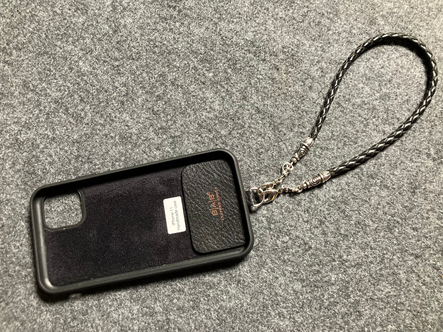 Laser-cut and engraved Full-Grain vegetable-tanned Genuine Leather iPhone Case/Holder/microfiber. 2 Spiral Terminals, 2 Links, and 6 Rings, all made of 925 Sterling Silver & Hand-braided 4-strand Leather Strap/Choker/Bracelet, Brown or Black.- KP22i