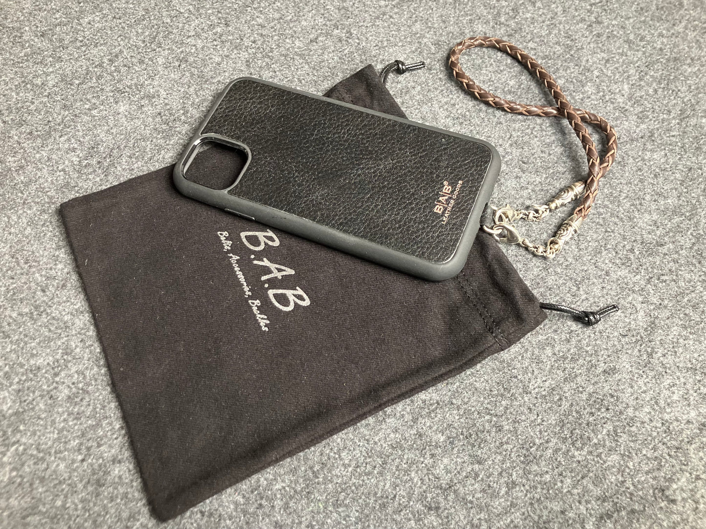 Laser-cut and engraved Full-Grain vegetable-tanned Genuine Leather iPhone Case/Holder/microfiber. 2 Spiral Terminals, 2 Links, and 6 Rings, all made of 925 Sterling Silver & Hand-braided 4-strand Leather Strap/Choker/Bracelet, Brown or Black.- KP22i