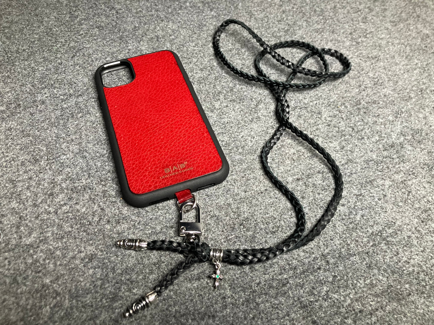 Full-Grain Leather iPhone Case/Holder/Microfiber. 2 Spiral Terminals, 1 Spiral Pin with Ring, and 1 Crucifix Pendant with 2 Hand-cut Emeralds, all made of 925 Sterling Silver & 3-Strand Leather Crossbody/Necklace/Bracelet, Brown or Black.- KC31i