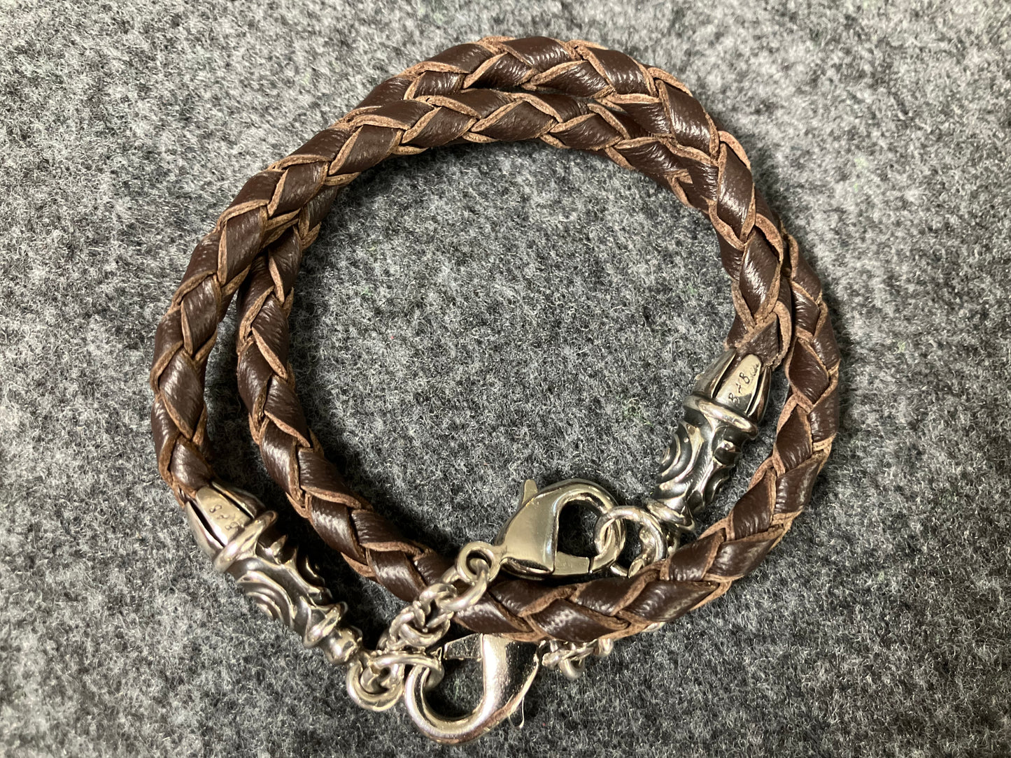 Laser-cut and engraved Full-Grain vegetable-tanned Genuine Leather iPhone Case/Holder/microfiber. 2 Spiral Terminals, 2 Links, and 6 Rings, all made of 925 Sterling Silver & Hand-braided 4-strand Leather Strap/Choker/Bracelet, Brown or Black.- KP22i