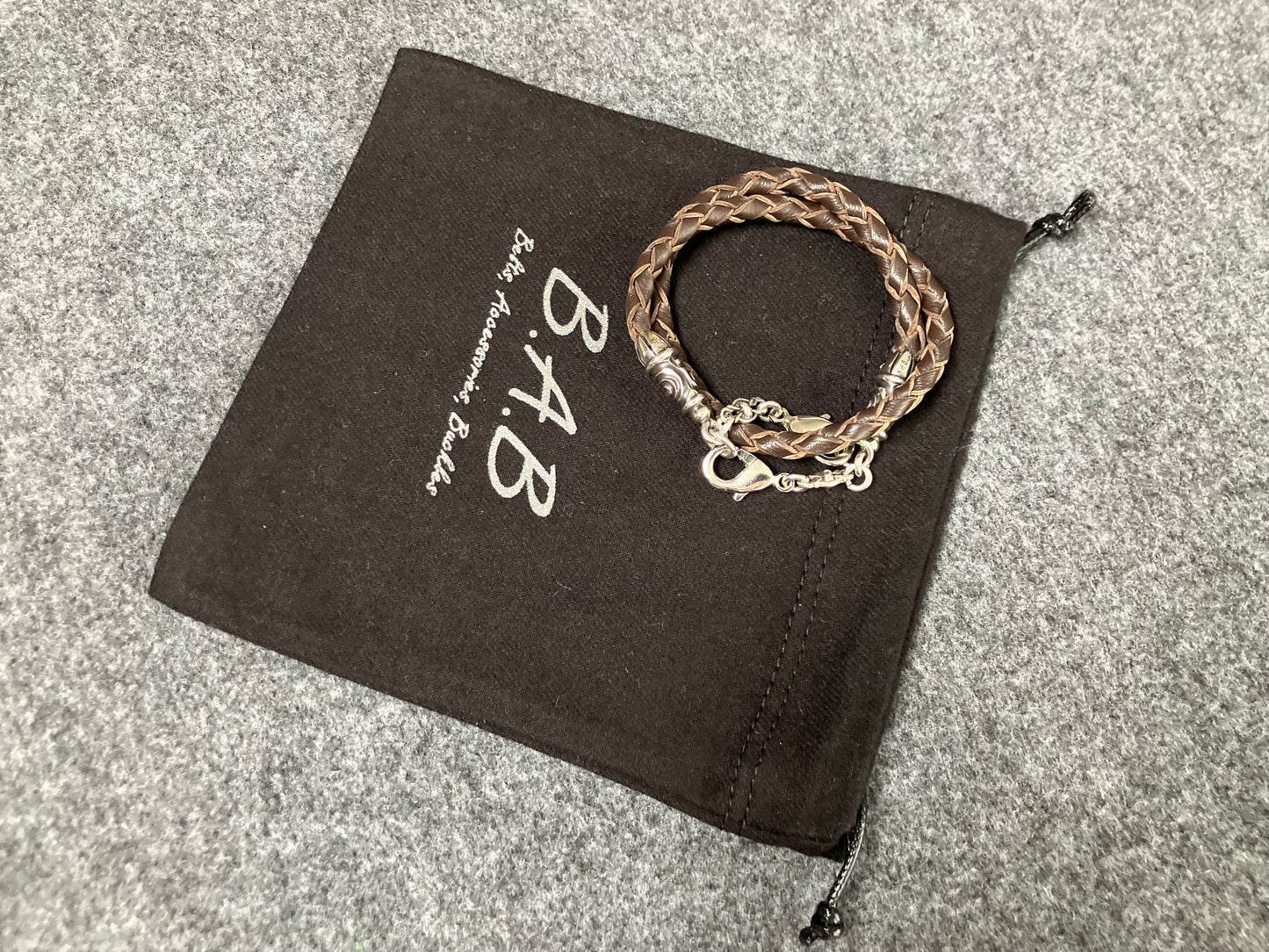 Laser-cut and engraved Full-Grain vegetable-tanned Genuine Leather iPhone Case/Holder/microfiber. 2 Spiral Terminals, 2 Links, and 6 Rings, all made of 925 Sterling Silver & Hand-braided 4-strand Leather Strap/Choker/Bracelet, Brown or Black.- KP22i