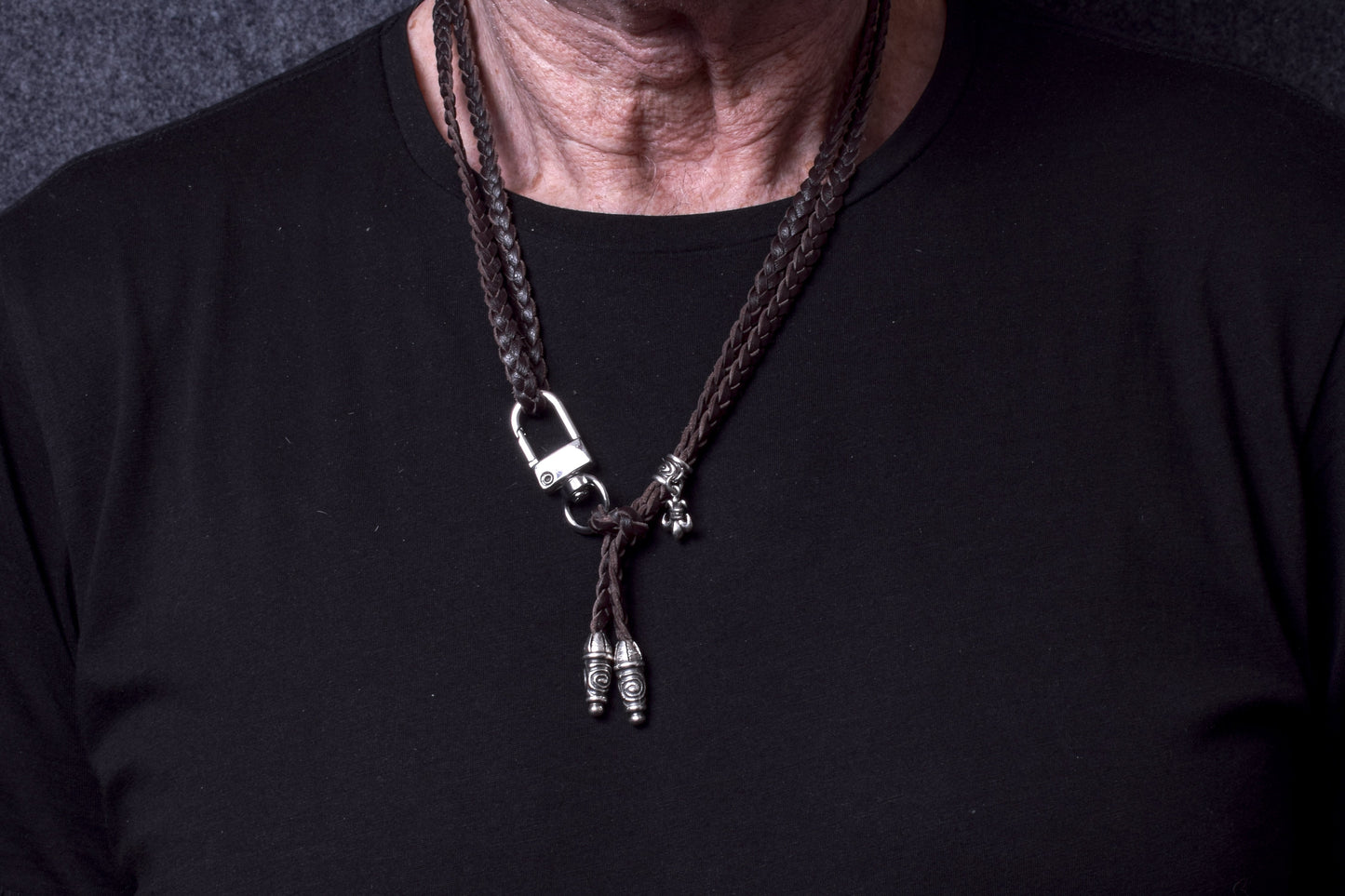 2 Spiral Terminals, 1 Spiral Pin with Ring, and 1 Fleur-de-Lys Pendant, all made of solid 925 Sterling Silver & Genuine Leather Crossbody/Necklace/Bracelet with three hand-braided double strands, Brown, or Black.- CP45