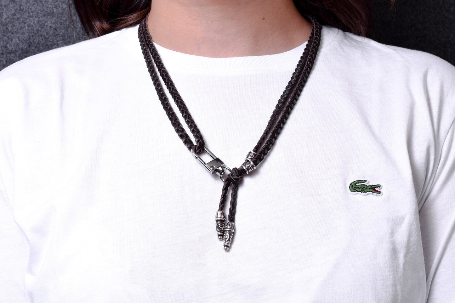 2 Terminales en Espiral y 2 Pasadores en Espiral, todos de Plata Esterlina 925 maciza & Crossbody/Collar/Pulsera de Cuero Genuino con tres cabos dobles trenzados a mano, Marrón o Negro.- CP43