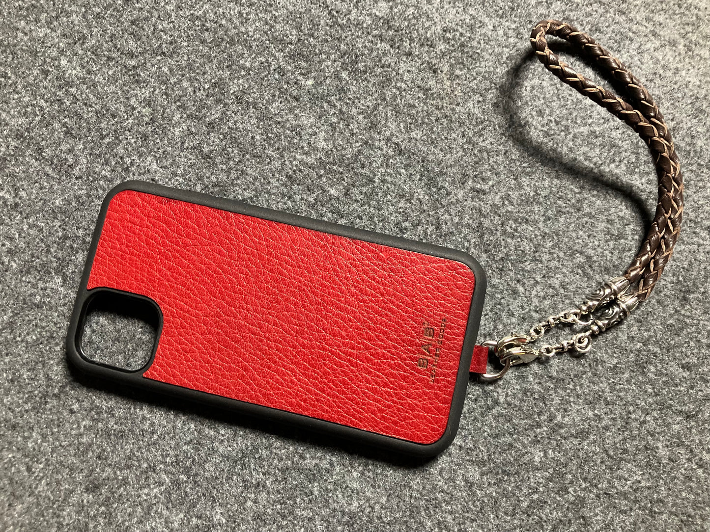 Laser-cut and engraved Full-Grain vegetable-tanned Genuine Leather iPhone Case/Holder/microfiber. 2 Spiral Terminals, 2 Links, and 6 Rings, all made of 925 Sterling Silver & Hand-braided 4-strand Leather Strap/Choker/Bracelet, Brown or Black.- KP22i