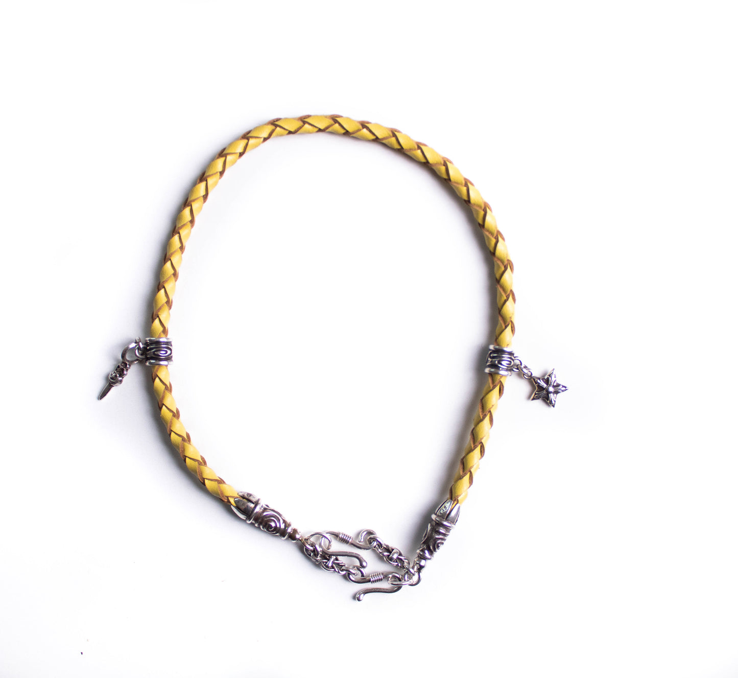 2 Spiral Terminals, 2 Links, 2 S-Clasps, 2 Pendant Pins, and 8 Rings, all made of solid 925 Sterling Silver & Genuine Leather Strap/Choker/Bracelet with 4 hand-braided strands.- PP02