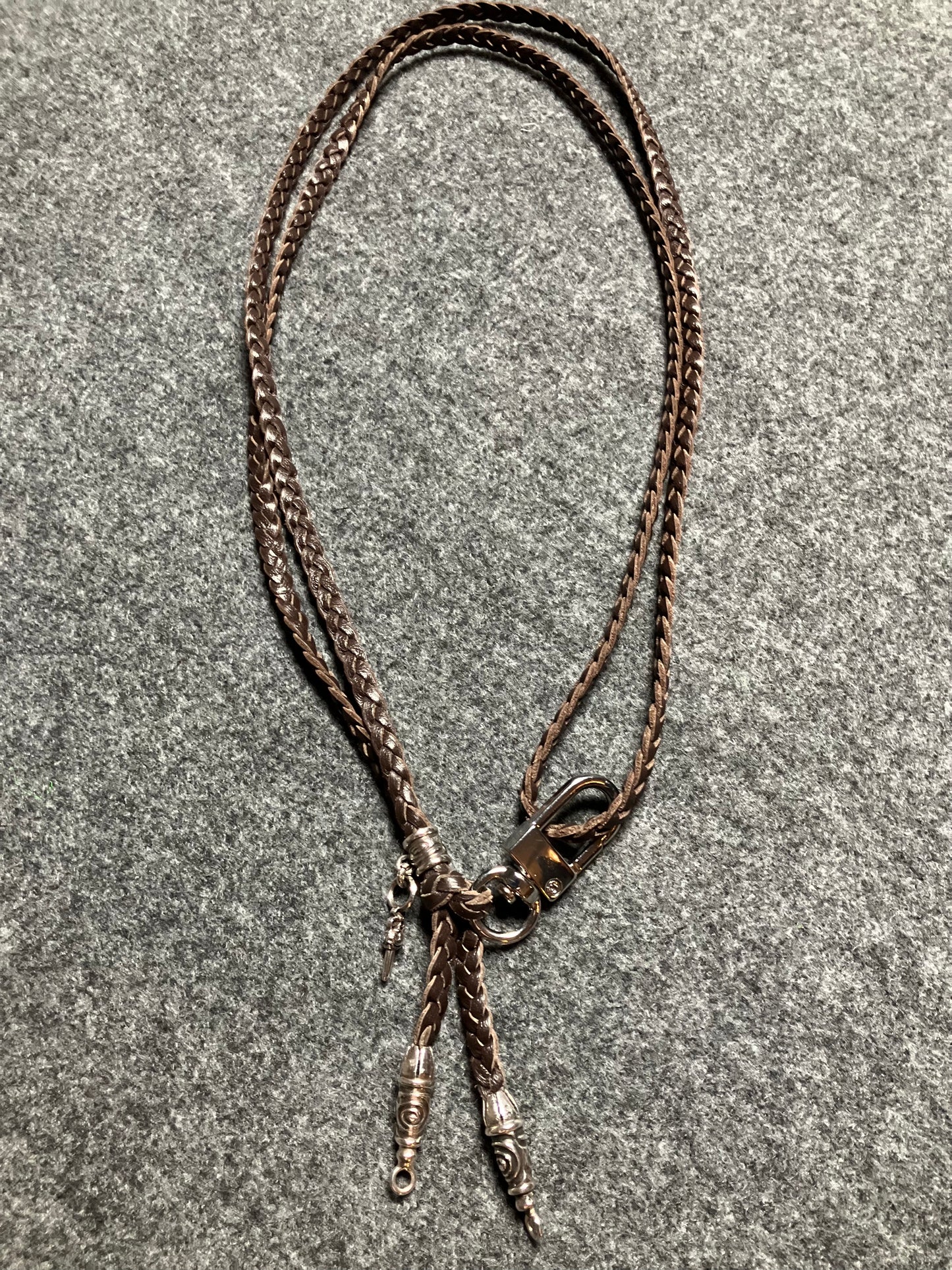 2 Spiral Terminals, 1 Spiral Pin with Ring, and 1 Dagger Pendant, all made of solid 925 Sterling Silver & Genuine Leather Crossbody/Necklace/Bracelet with three hand-braided double strands, Brown, or Black.- CP32