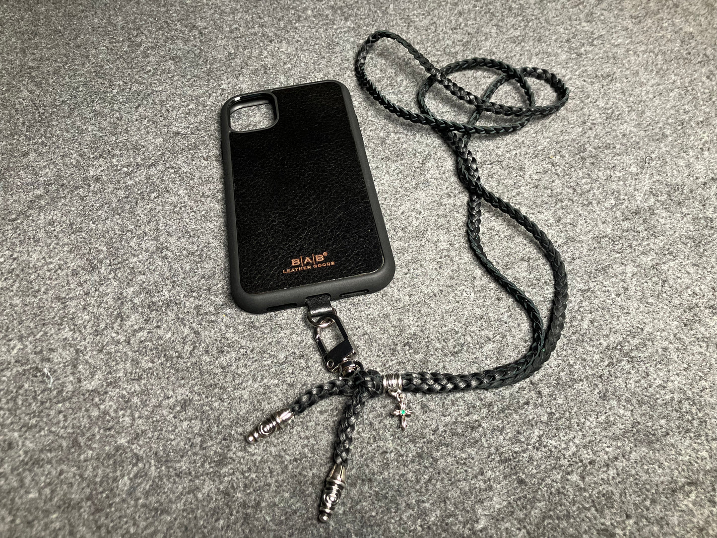 Full-Grain Leather iPhone Case/Holder/Microfiber. 2 Spiral Terminals, 1 Spiral Pin with Ring, and 1 Crucifix Pendant with 2 Hand-cut Emeralds, all made of 925 Sterling Silver & 3-Strand Leather Crossbody/Necklace/Bracelet, Brown or Black.- KC31i