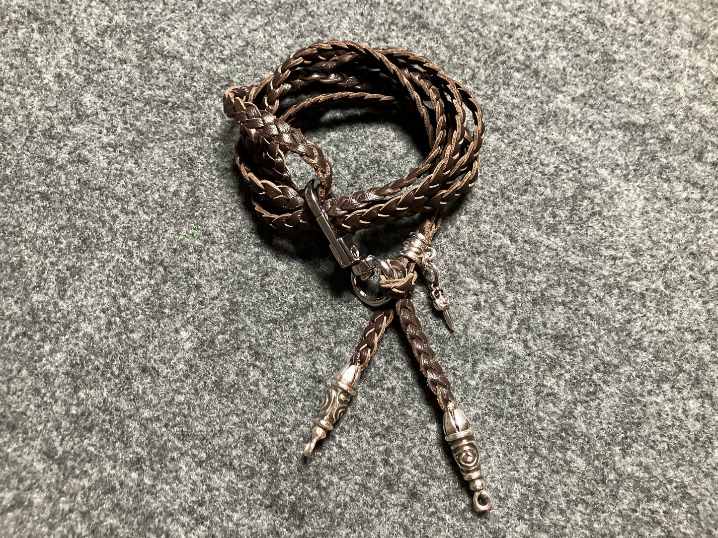 2 Spiral Terminals, 1 Spiral Pin with Ring, and 1 Dagger Pendant, all made of solid 925 Sterling Silver & Genuine Leather Crossbody/Necklace/Bracelet with three hand-braided double strands, Brown, or Black.- CP32