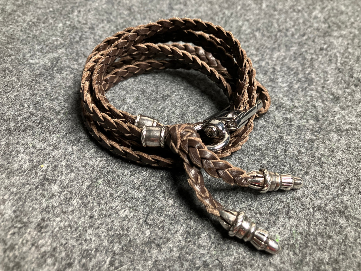 2 Rope Terminals and 2 Rope Pins, all made of solid 925 Sterling Silver & Genuine Leather Crossbody/Necklace/Bracelet with three hand-braided double strands, Brown, or Black.- CP42