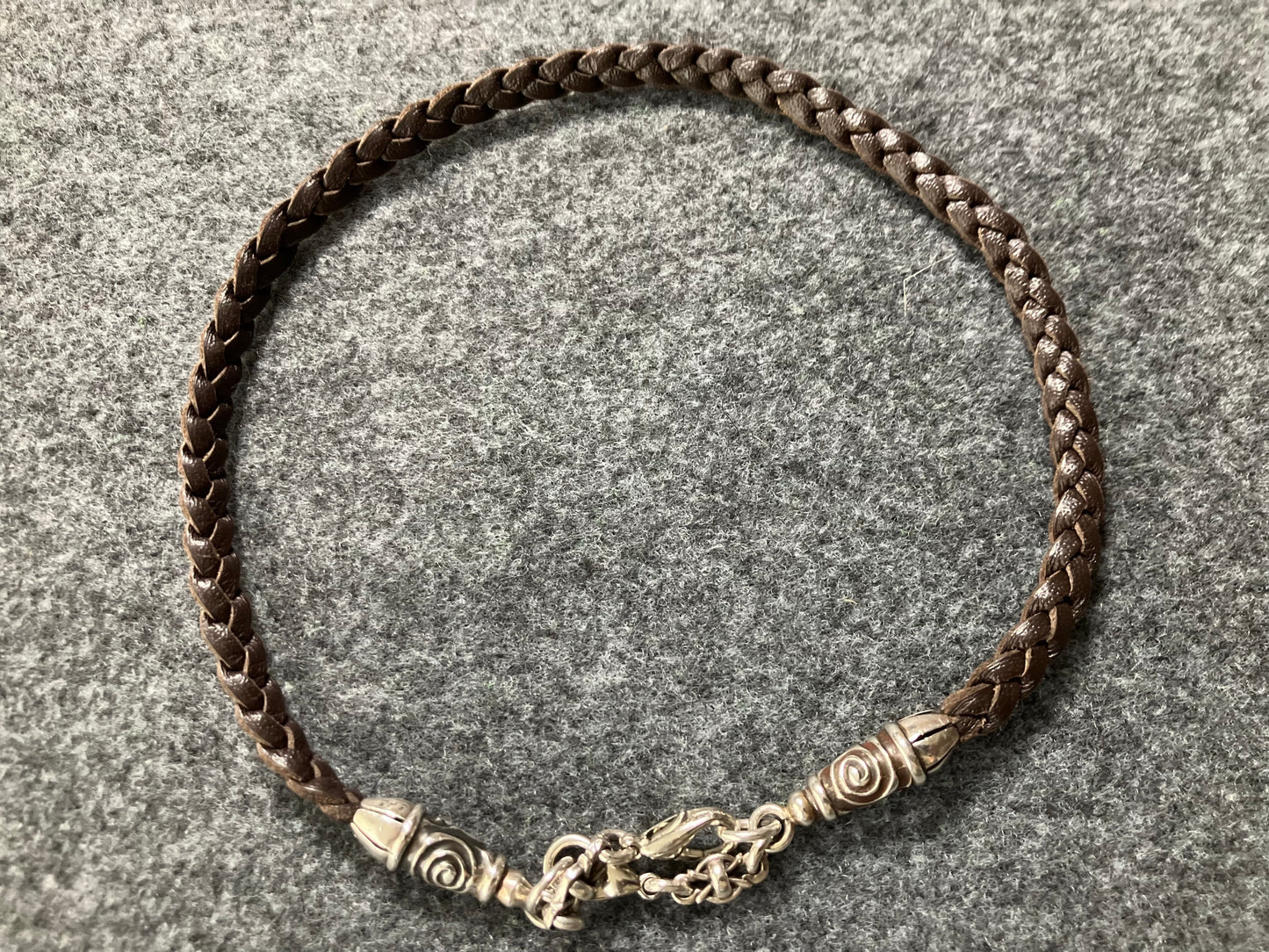 2 Spiral Terminals, 2 Links, and 6 Rings, all made of solid 925 Sterling Silver & Genuine Leather with three hand-braided double strands, Brown, or Black.- PP17