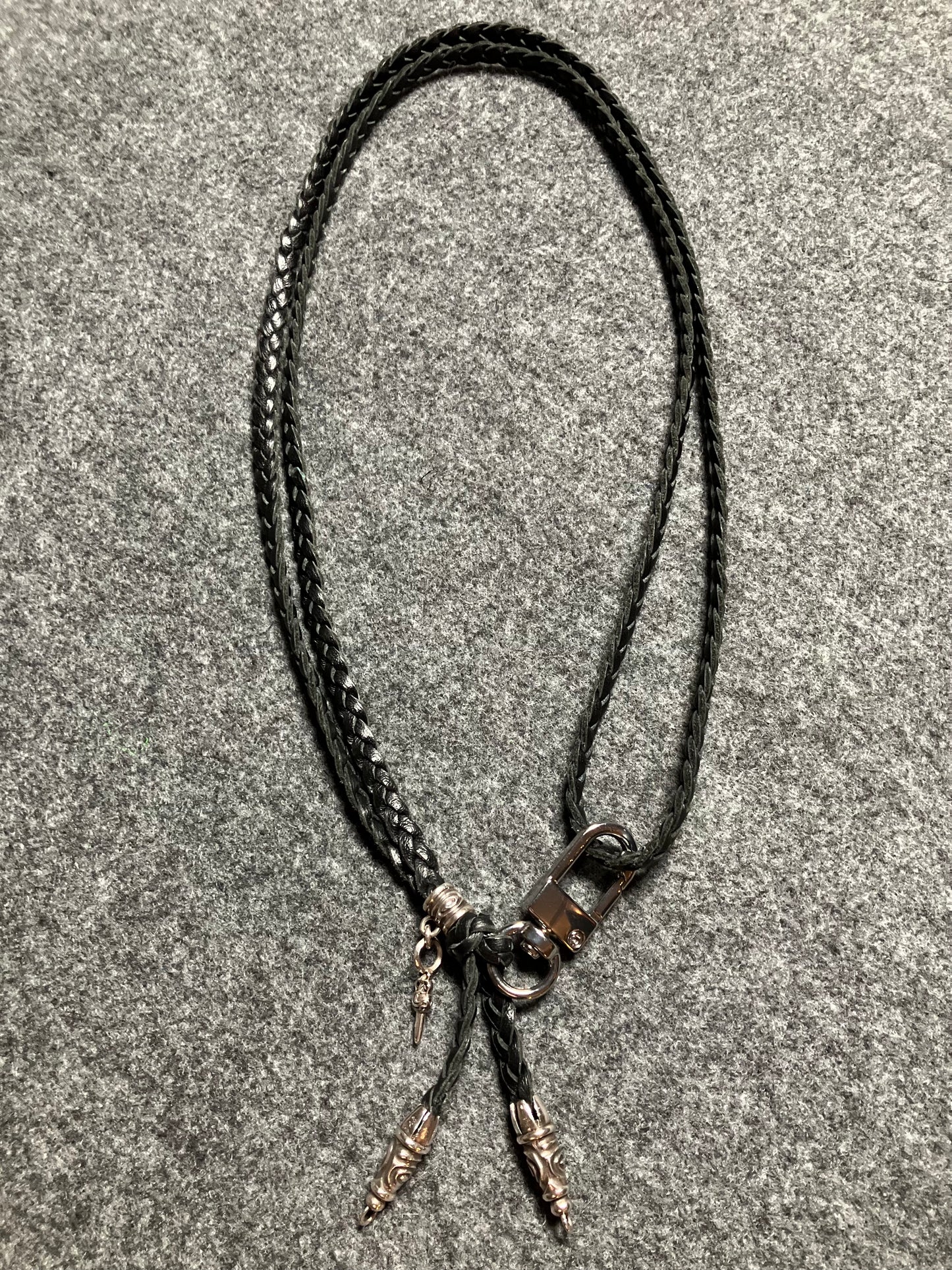 2 Spiral Terminals, 1 Spiral Pin with Ring, and 1 Dagger Pendant, all made of solid 925 Sterling Silver & Genuine Leather Crossbody/Necklace/Bracelet with three hand-braided double strands, Brown, or Black.- CP32