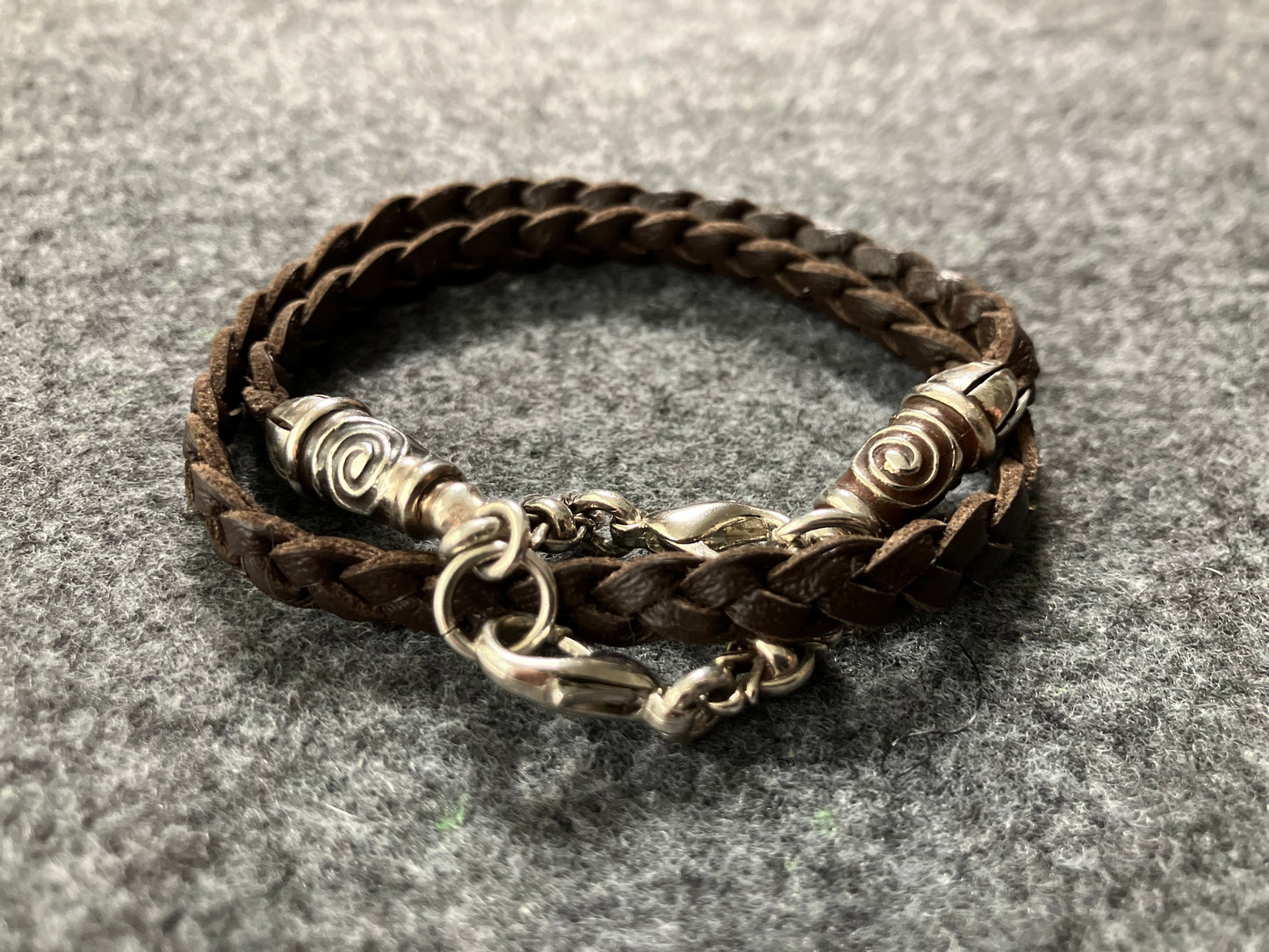2 Spiral Terminals, 2 Links, and 6 Rings, all made of solid 925 Sterling Silver & Genuine Leather with three hand-braided double strands, Brown, or Black.- PP17