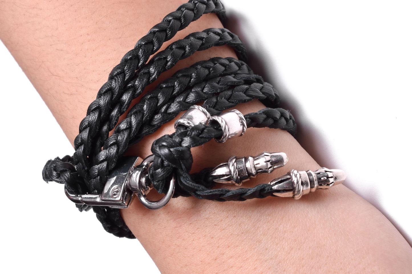 2 Rope Terminals and 2 Rope Pins, all made of solid 925 Sterling Silver & Genuine Leather Crossbody/Necklace/Bracelet with three hand-braided double strands, Brown, or Black.- CP42