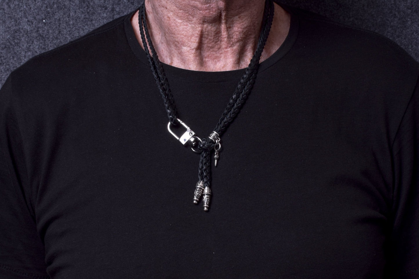 2 Spiral Terminals, 1 Spiral Pin with Ring, and 1 Dagger Pendant, all made of solid 925 Sterling Silver & Genuine Leather Crossbody/Necklace/Bracelet with three hand-braided double strands, Brown, or Black.- CP32