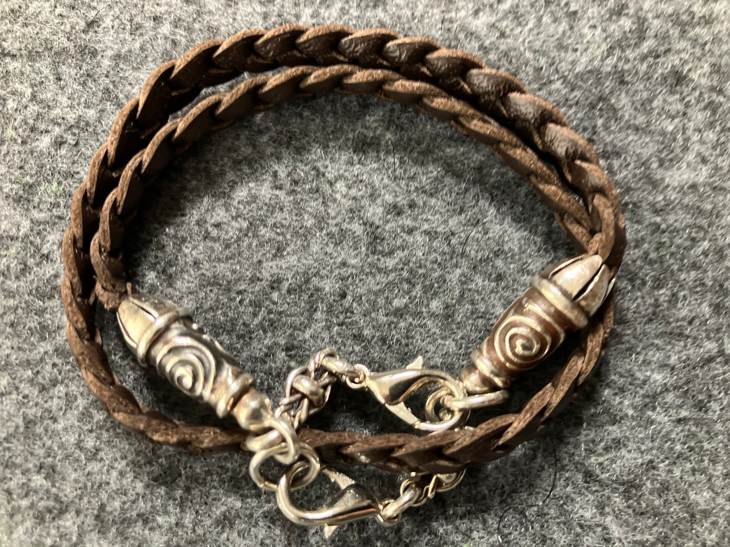 2 Spiral Terminals, 2 Links, and 6 Rings, all made of solid 925 Sterling Silver & Genuine Leather with three hand-braided double strands, Brown, or Black.- PP17