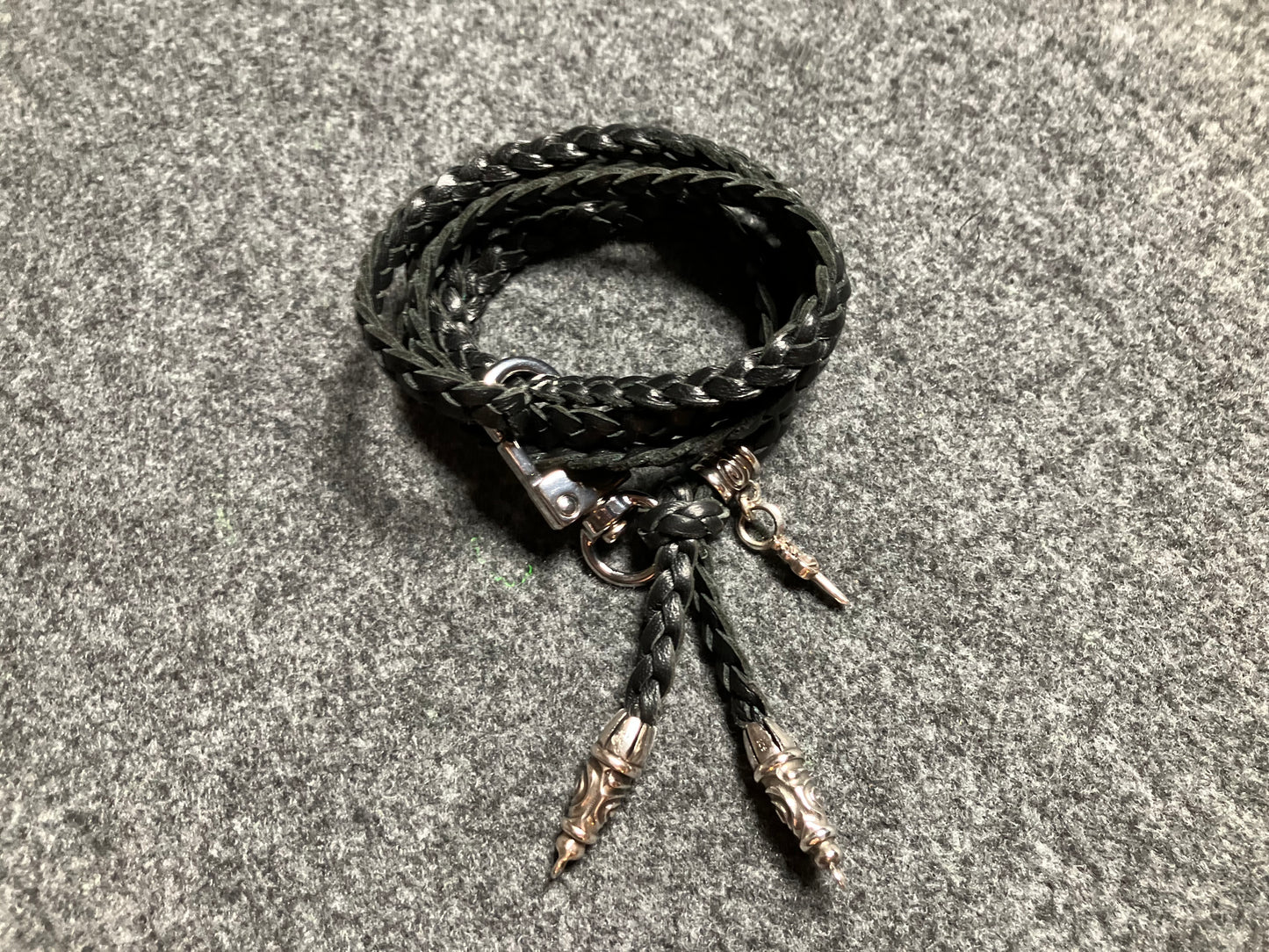 2 Spiral Terminals, 1 Spiral Pin with Ring, and 1 Dagger Pendant, all made of solid 925 Sterling Silver & Genuine Leather Crossbody/Necklace/Bracelet with three hand-braided double strands, Brown, or Black.- CP32