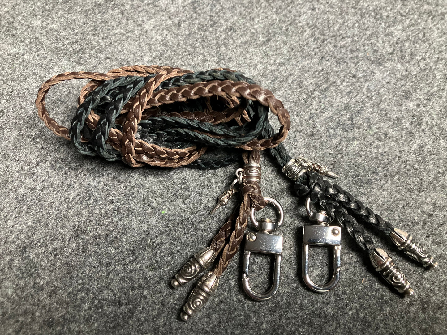 2 Spiral Terminals, 1 Spiral Pin with Ring, and 1 Dagger Pendant, all made of solid 925 Sterling Silver & Genuine Leather Crossbody/Necklace/Bracelet with three hand-braided double strands, Brown, or Black.- CP32