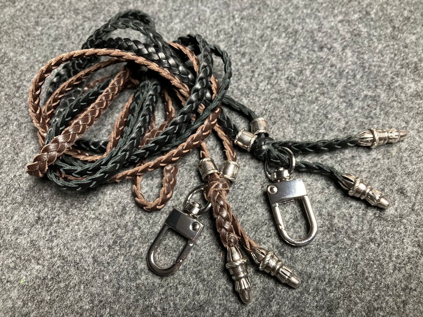 2 Rope Terminals and 2 Rope Pins, all made of solid 925 Sterling Silver & Genuine Leather Crossbody/Necklace/Bracelet with three hand-braided double strands, Brown, or Black.- CP42