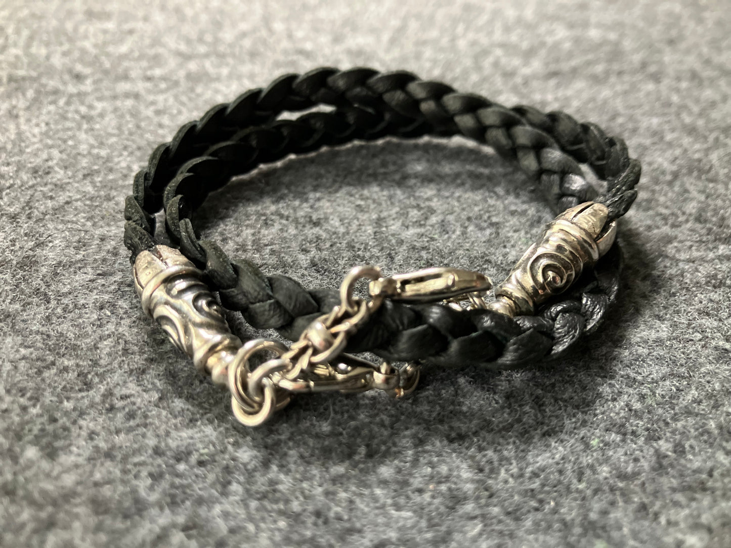 2 Spiral Terminals, 2 Links, and 6 Rings, all made of solid 925 Sterling Silver & Genuine Leather with three hand-braided double strands, Brown, or Black.- PP17