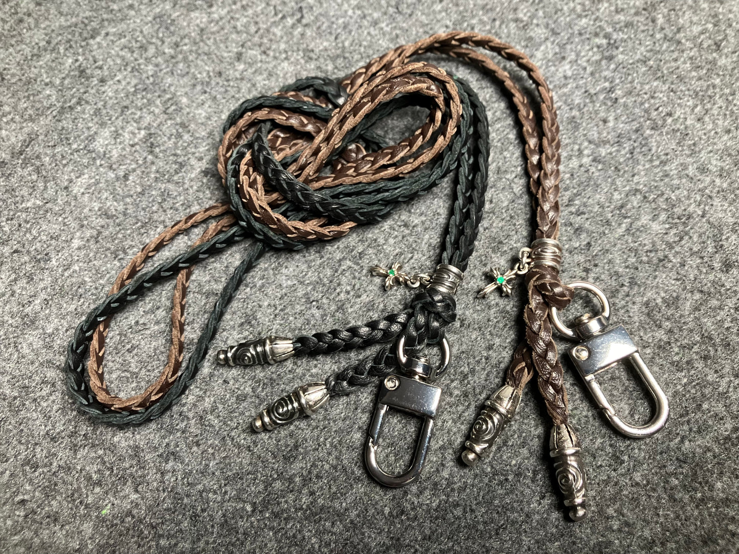 Full-Grain Leather iPhone Case/Holder/Microfiber. 2 Spiral Terminals, 1 Spiral Pin with Ring, and 1 Crucifix Pendant with 2 Hand-cut Emeralds, all made of 925 Sterling Silver & 3-Strand Leather Crossbody/Necklace/Bracelet, Brown or Black.- KC31i