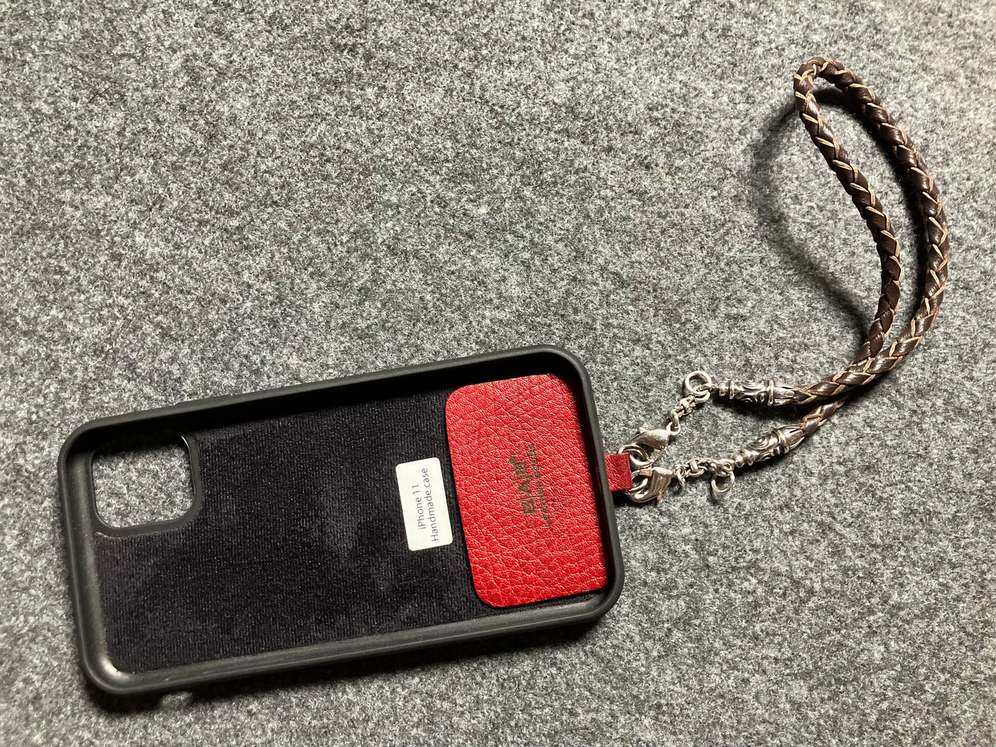 Laser-cut and engraved Full-Grain vegetable-tanned Genuine Leather iPhone Case/Holder/microfiber. 2 Spiral Terminals, 2 Links, and 6 Rings, all made of 925 Sterling Silver & Hand-braided 4-strand Leather Strap/Choker/Bracelet, Brown or Black.- KP22i
