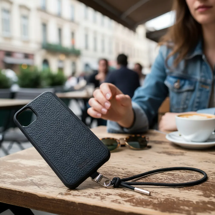 Capa/Suporte para iPhone de Couro Genuíno Flor Integral curtido vegetal com tanino cortados e gravados a laser/microfibra & Correia/Pulseira de Corda Elástica Preta com 1 Mosquetão e 2 Terminais prateados.- KPi54 