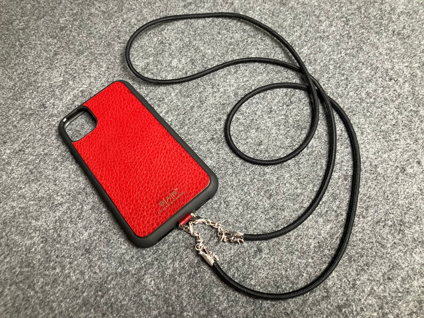 Full-Grain vegetable-tanned Genuine Leather Case/Holder for iPhone/Samsung/microfiber. 2 Dragon Terminals, 2 Links, and 6 Rings, all made of 925 Sterling Silver & Black Elastic Rope Crossbody/Necklace/Choker/Bracelet.- KC09