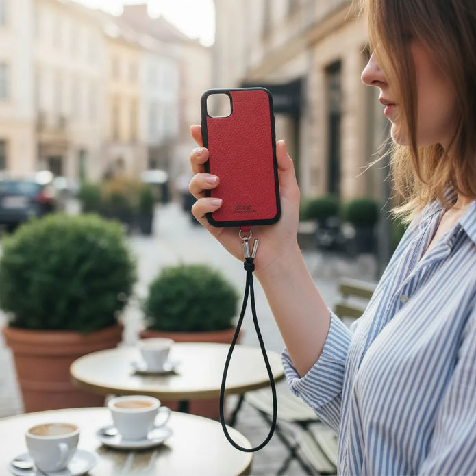Capa/Suporte para iPhone de Couro Genuíno Flor Integral curtido vegetal com tanino cortados e gravados a laser/microfibra & Correia/Pulseira de Corda Elástica Preta com 1 Mosquetão e 2 Terminais prateados.- KPi54 