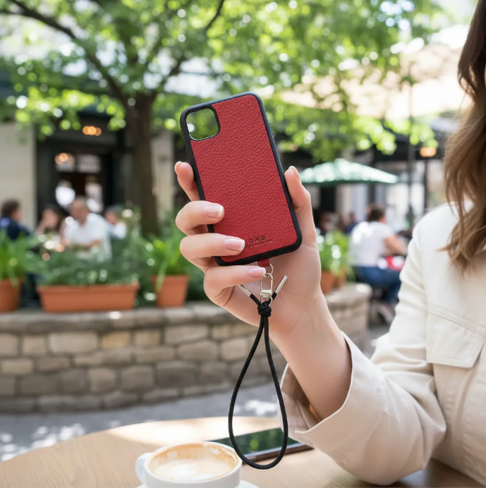 Capa/Suporte para iPhone de Couro Genuíno Flor Integral curtido vegetal com tanino cortados e gravados a laser/microfibra & Correia/Pulseira de Corda Elástica Preta com 1 Mosquetão e 2 Terminais prateados.- KPi54 