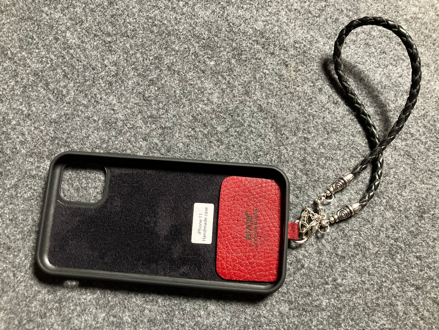 Laser-cut and engraved Full-Grain vegetable-tanned Genuine Leather iPhone Case/Holder/microfiber. 2 Spiral Terminals, 2 Links, and 6 Rings, all made of 925 Sterling Silver & Hand-braided 4-strand Leather Strap/Choker/Bracelet, Brown or Black.- KP22i