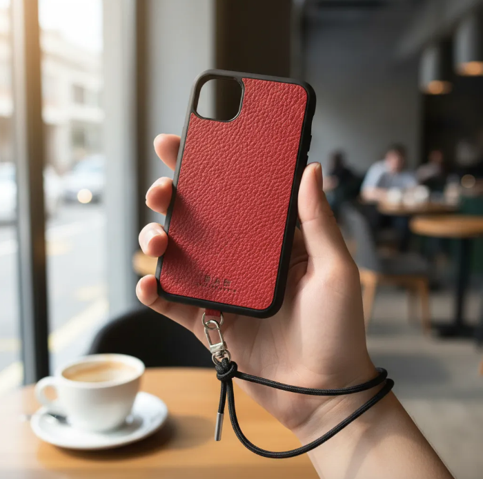 Capa/Suporte para iPhone de Couro Genuíno Flor Integral curtido vegetal com tanino cortados e gravados a laser/microfibra & Correia/Pulseira de Corda Elástica Preta com 1 Mosquetão e 2 Terminais prateados.- KPi54 