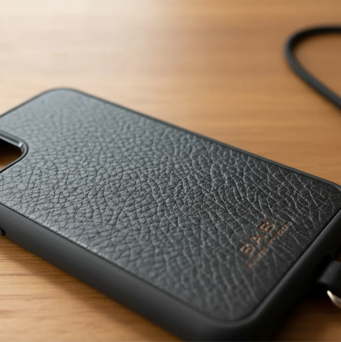 Capa/Suporte para iPhone de Couro Genuíno Flor Integral curtido vegetal com tanino cortados e gravados a laser/microfibra & Correia/Pulseira de Corda Elástica Preta com 1 Mosquetão e 2 Terminais prateados.- KPi54 