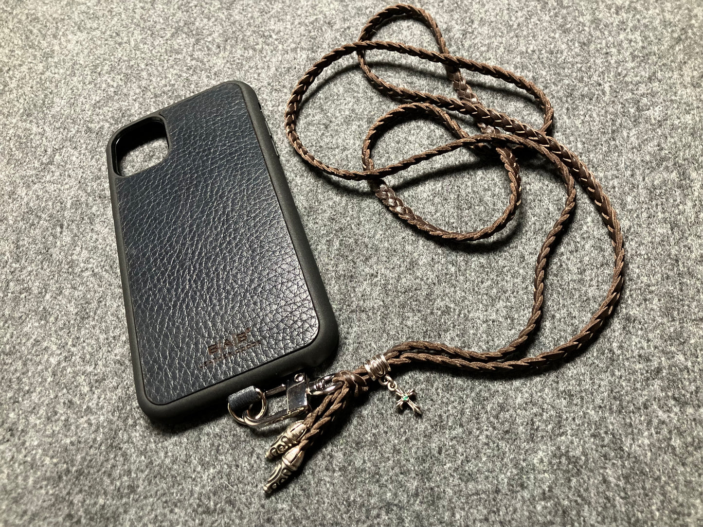 Full-Grain Leather iPhone Case/Holder/Microfiber. 2 Spiral Terminals, 1 Spiral Pin with Ring, and 1 Crucifix Pendant with 2 Hand-cut Emeralds, all made of 925 Sterling Silver & 3-Strand Leather Crossbody/Necklace/Bracelet, Brown or Black.- KC31i