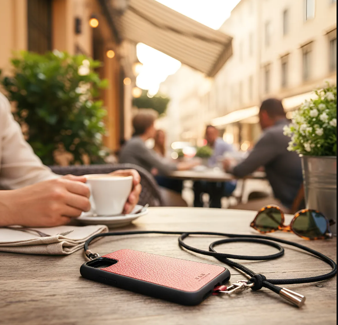 Funda/Soporte para iPhone de Cuero Genuino Full-Grain curtido vegetal al tanino cortados y grabados con láser/microfibra & Crossbody/Collar/Gargantilla/Pulsera de Cuerda Elástica Negra con 1 Mosquetón y 2 Terminales plateados.- KCi52