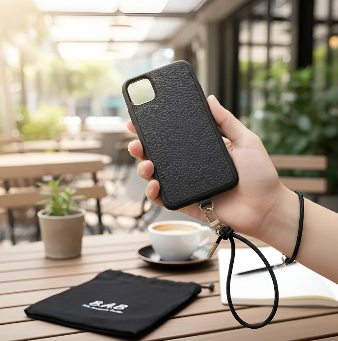 Capa/Suporte para iPhone de Couro Genuíno Flor Integral curtido vegetal com tanino cortados e gravados a laser/microfibra & Correia/Pulseira de Corda Elástica Preta com 1 Mosquetão e 2 Terminais prateados.- KPi54 
