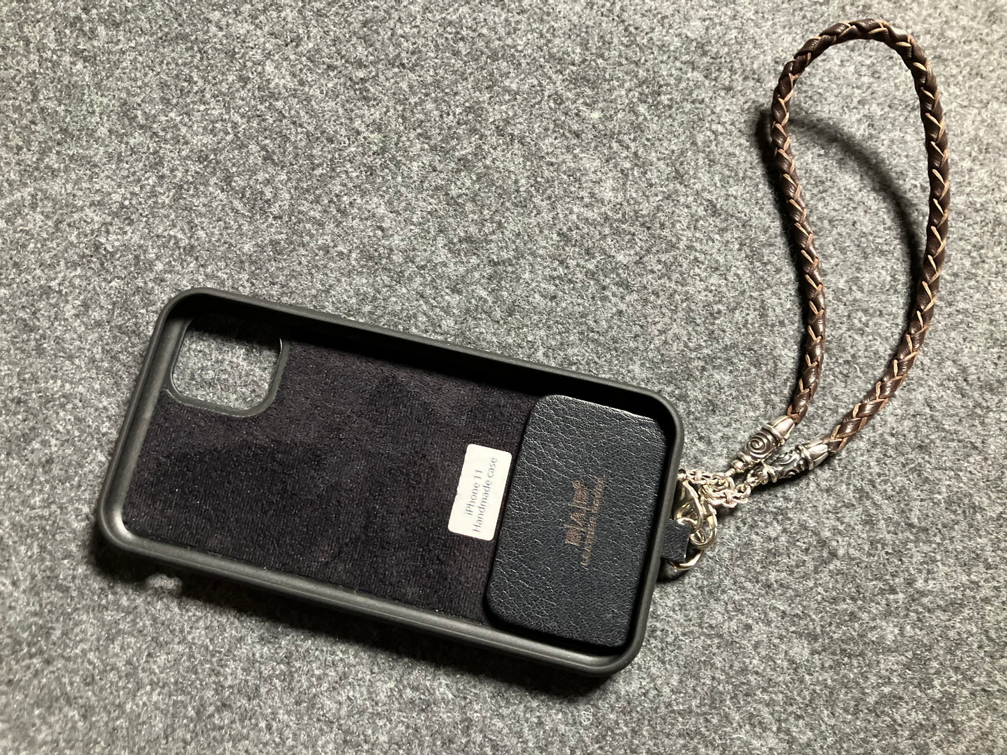Laser-cut and engraved Full-Grain vegetable-tanned Genuine Leather iPhone Case/Holder/microfiber. 2 Spiral Terminals, 2 Links, and 6 Rings, all made of 925 Sterling Silver & Hand-braided 4-strand Leather Strap/Choker/Bracelet, Brown or Black.- KP22i