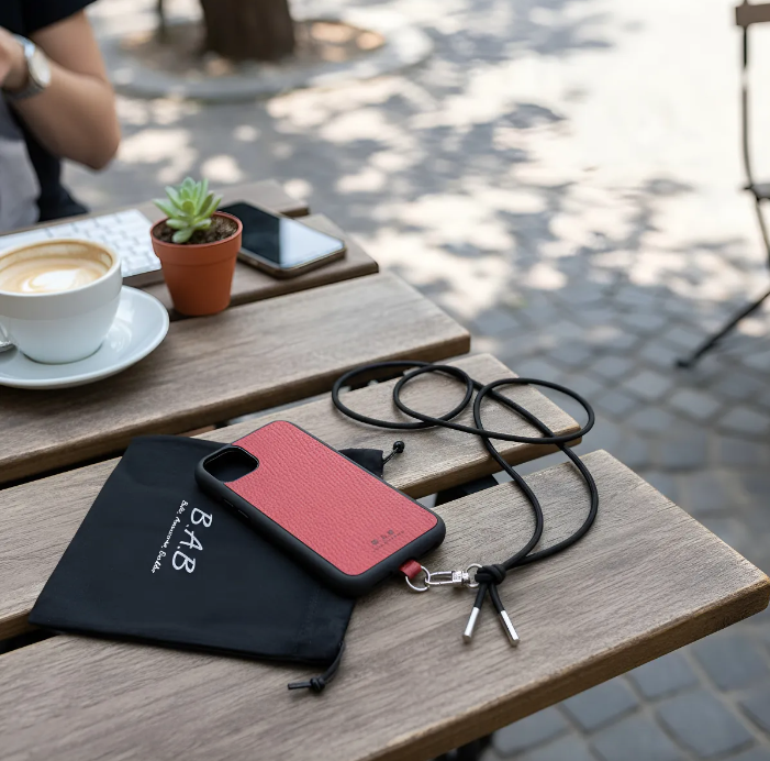 Funda/Soporte para iPhone de Cuero Genuino Full-Grain curtido vegetal al tanino cortados y grabados con láser/microfibra & Crossbody/Collar/Gargantilla/Pulsera de Cuerda Elástica Negra con 1 Mosquetón y 2 Terminales plateados.- KCi52
