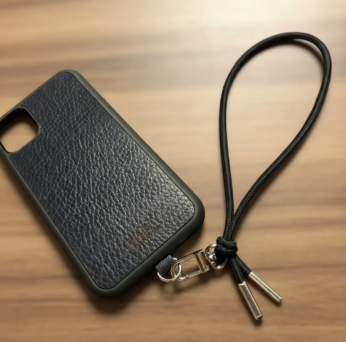 Capa/Suporte para iPhone de Couro Genuíno Flor Integral curtido vegetal com tanino cortados e gravados a laser/microfibra & Correia/Pulseira de Corda Elástica Preta com 1 Mosquetão e 2 Terminais prateados.- KPi54 
