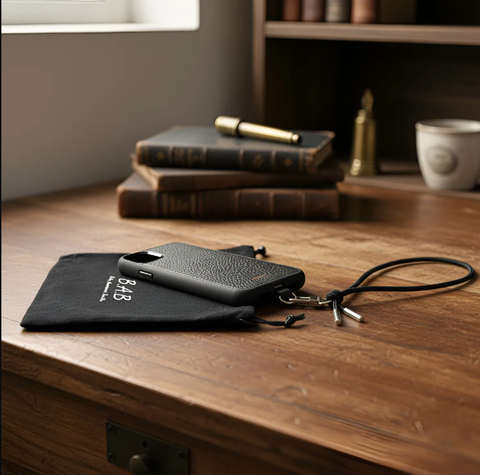 Capa/Suporte para iPhone de Couro Genuíno Flor Integral curtido vegetal com tanino cortados e gravados a laser/microfibra & Correia/Pulseira de Corda Elástica Preta com 1 Mosquetão e 2 Terminais prateados.- KPi54 