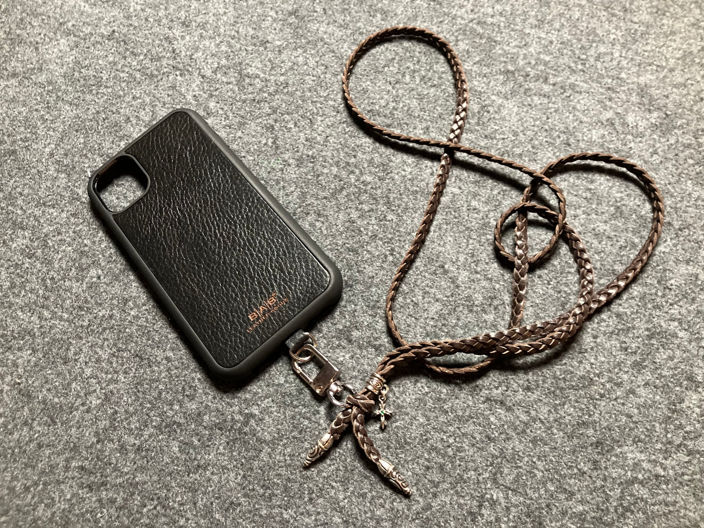 Full-Grain Leather iPhone Case/Holder/Microfiber. 2 Spiral Terminals, 1 Spiral Pin with Ring, and 1 Crucifix Pendant with 2 Hand-cut Emeralds, all made of 925 Sterling Silver & 3-Strand Leather Crossbody/Necklace/Bracelet, Brown or Black.- KC31i