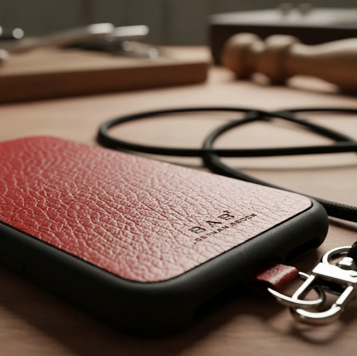 Funda/Soporte para iPhone de Cuero Genuino Full-Grain curtido vegetal al tanino cortados y grabados con láser/microfibra & Crossbody/Collar/Gargantilla/Pulsera de Cuerda Elástica Negra con 1 Mosquetón y 2 Terminales plateados.- KCi52