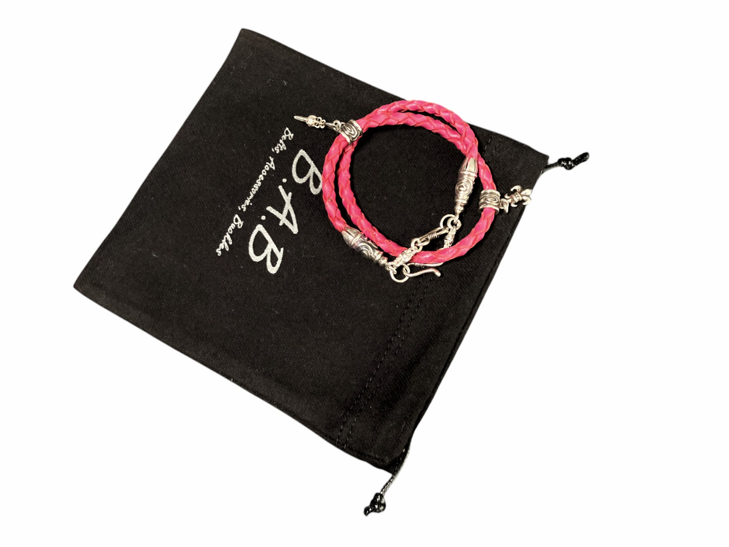 2 Spiral Terminals, 2 Links, 2 S-Clasps, 2 Pendant Pins, and 8 Rings, all made of solid 925 Sterling Silver & Genuine Leather Strap/Choker/Bracelet with 4 hand-braided strands.- PP02