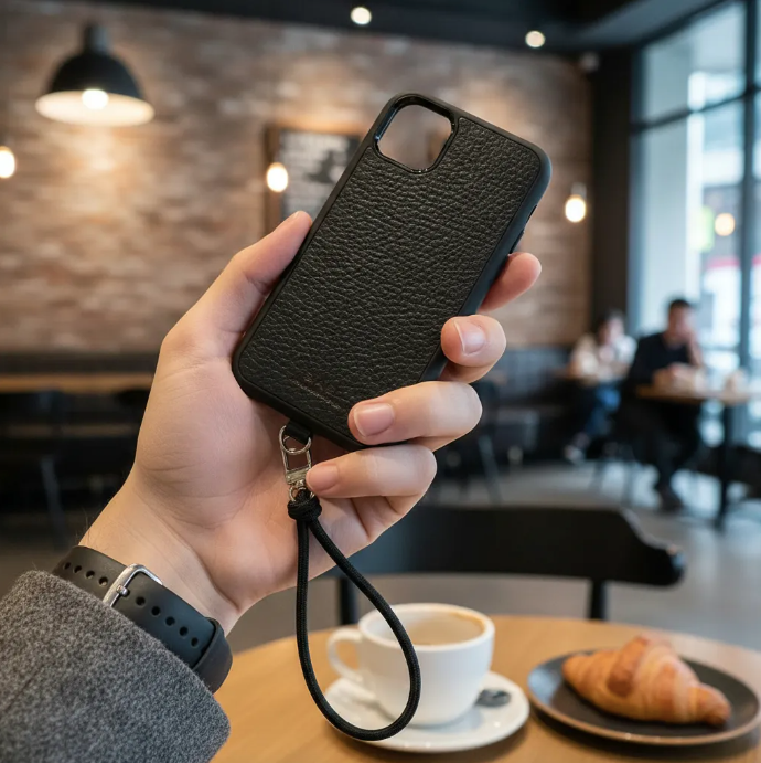 Capa/Suporte para iPhone de Couro Genuíno Flor Integral curtido vegetal com tanino cortados e gravados a laser/microfibra & Correia/Pulseira de Corda Elástica Preta com 1 Mosquetão e 2 Terminais prateados.- KPi54 