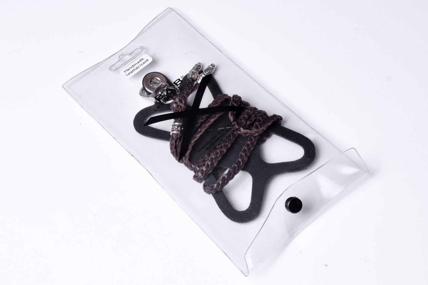 Laser-engraved Silicone cell phone Holder. 2 Spiral Terminals, 1 Spiral Pin with Ring, and 1Star Pendant, all made of solid 925 Sterling Silver & Genuine Leather Crossbody/Necklace/Bracelet with 3 hand-braided strands, Brown, or Black.- SP33