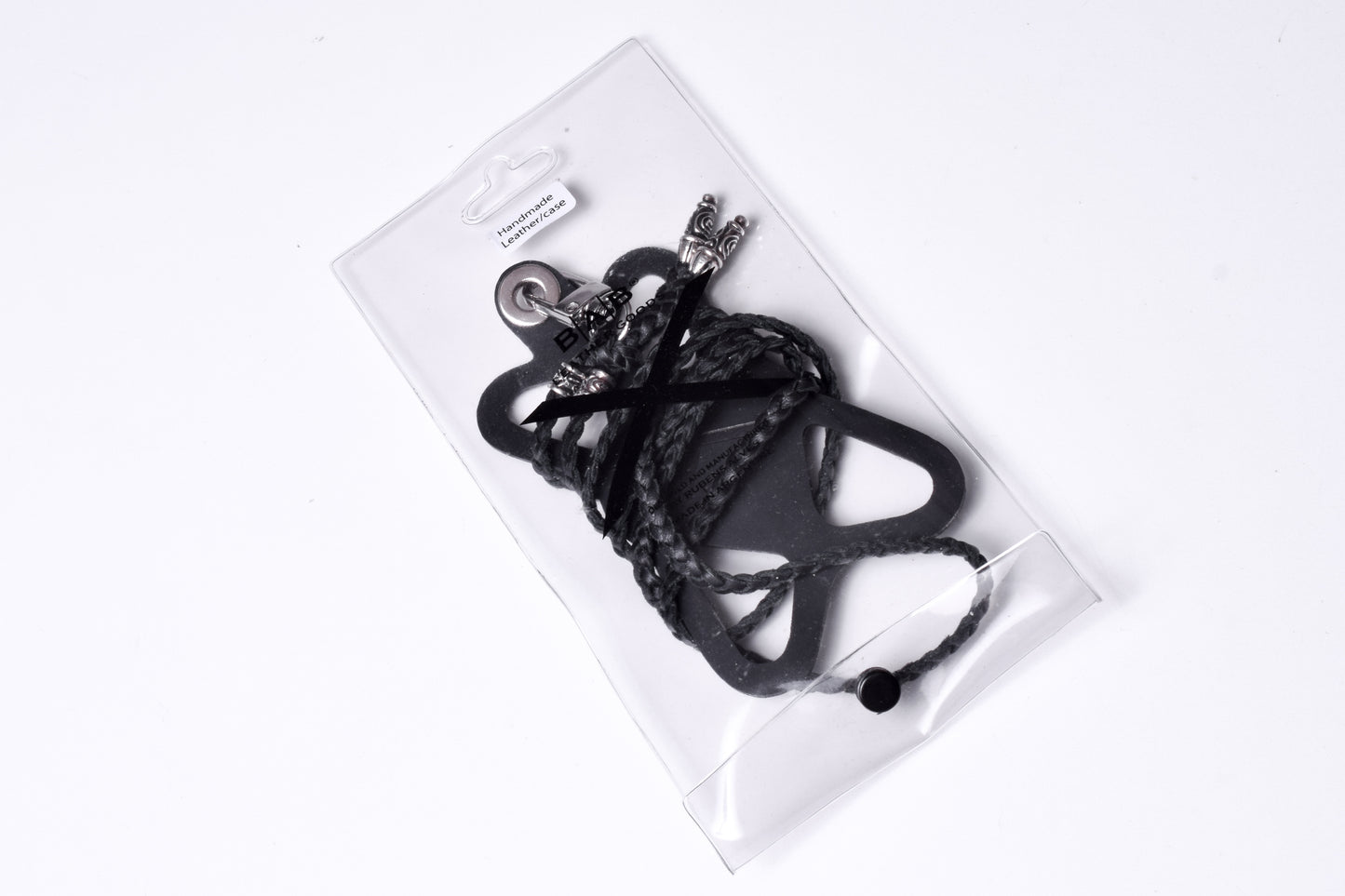 Laser-engraved Silicone cell phone Holder. 2 Spiral Terminals and 2 Spiral Pins, all made of solid 925 Sterling Silver & Genuine Leather Crossbody/Necklace/Bracelet with 3 hand-braided double strands, Brown, or Black.- SP43