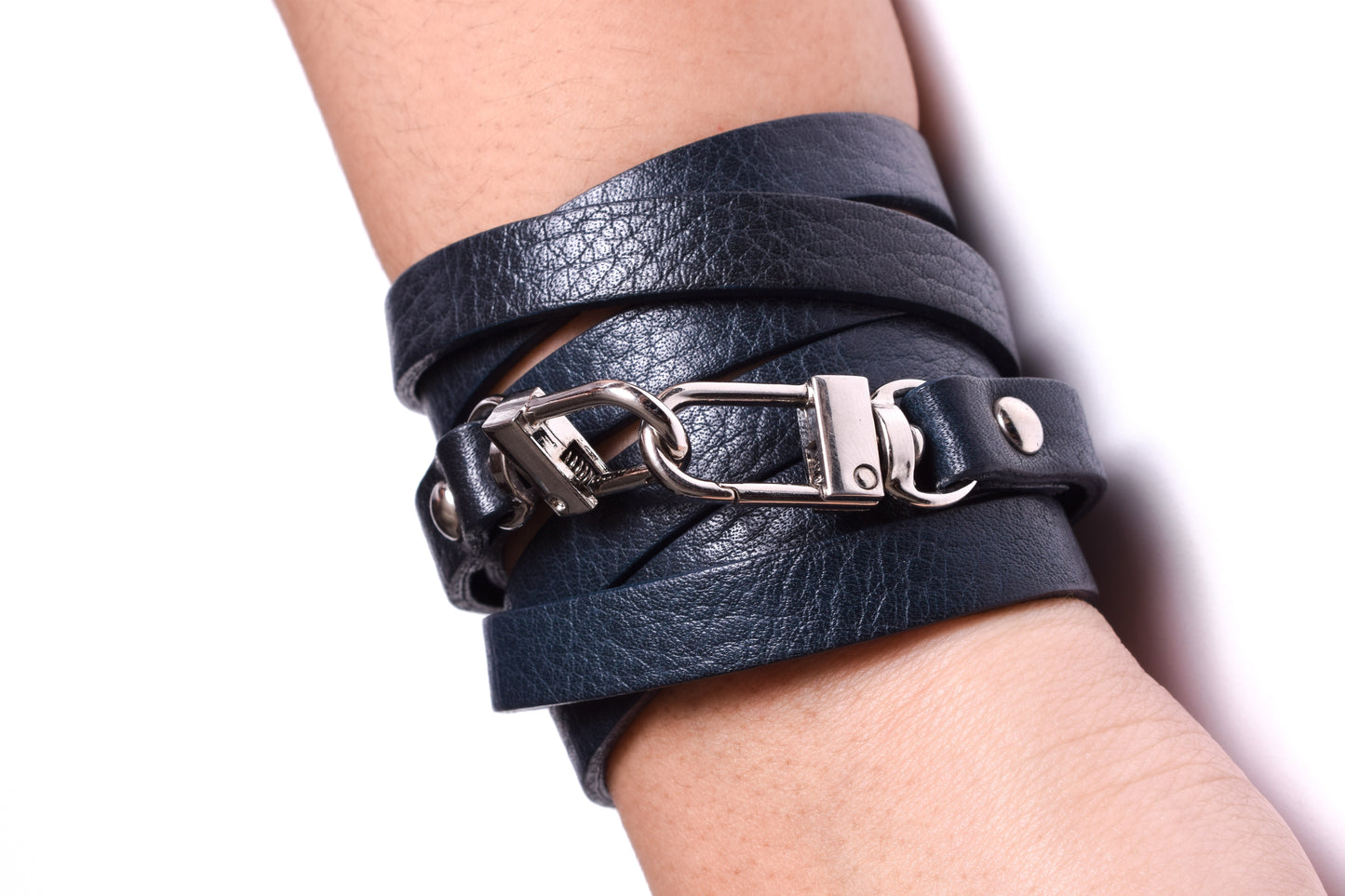 Double Crossbody/Necklace/Bracelet Full-Grain vegetable-tanned Genuine Leather & 2 Silver-Tone Carabiners and 2 Silver-Tone Domed Rivets.- CP26