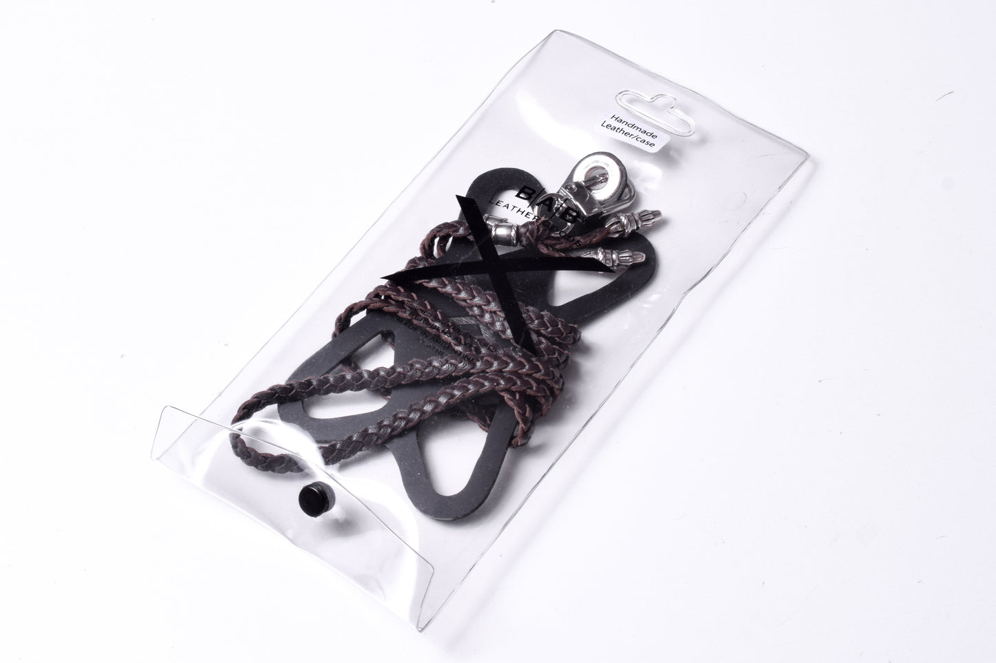 Suporte para celular de Silicone gravado a laser. 2 Terminais de Corda e 2 Pinos de Corda, todos feitos de Prata Esterlina 925 & Crossbody/Colar/Pulseira de Couro Genuíno com 3 fios duplos trançados à mão, Marrom ou Preto.- SP42